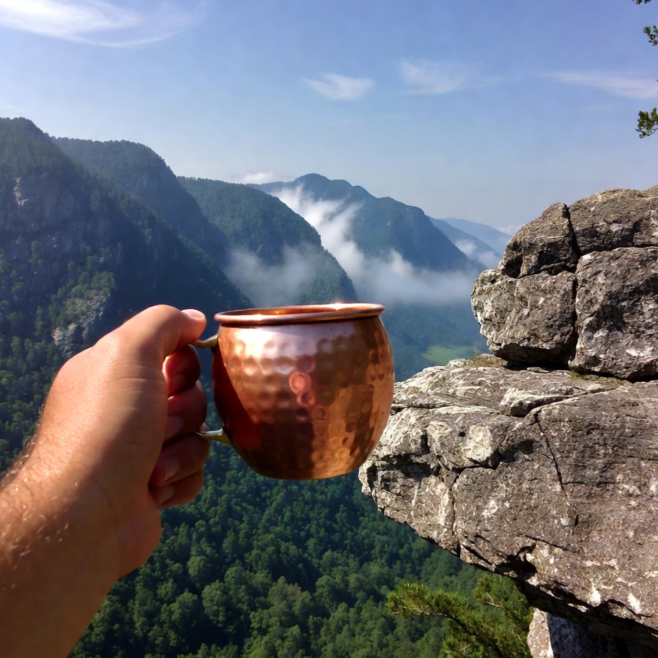 Hand holding copper mug on mountain cliff Hand holding copper mug on mountain cliff