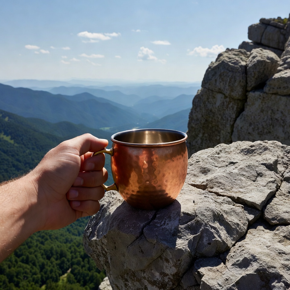 Man holding copper mug on mountain cliff Man holding copper mug on mountain cliff