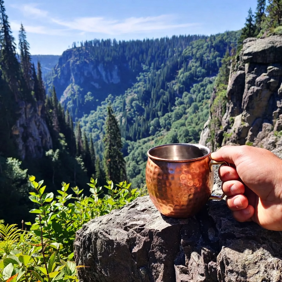 Hand holding copper mug on mountain cliff Hand holding copper mug on mountain cliff