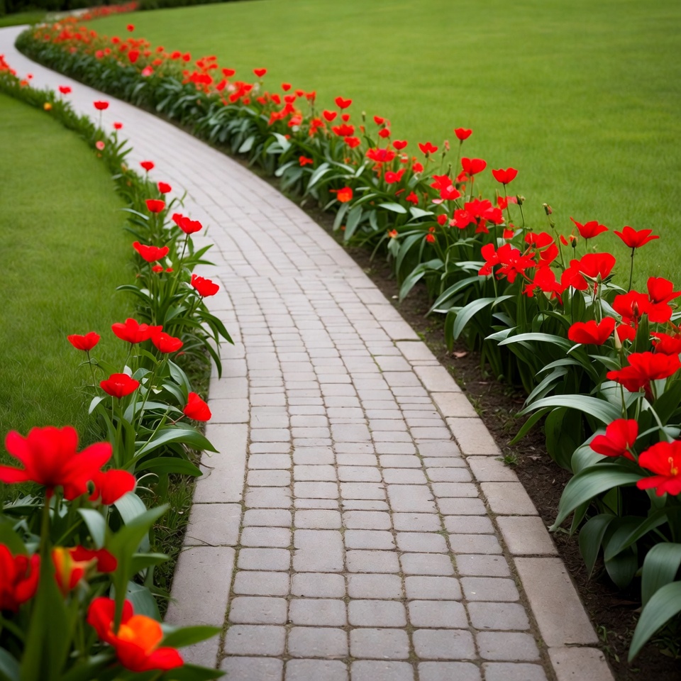 Red Tulips Lining Brick Path Red Tulips Lining Brick Path