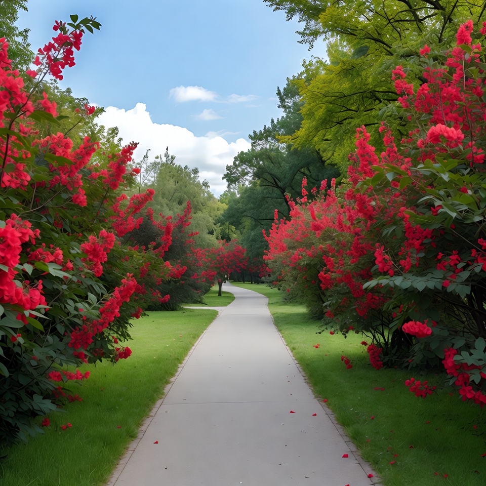 Red Crape Myrtle Path in Park Red Crape Myrtle Path in Park