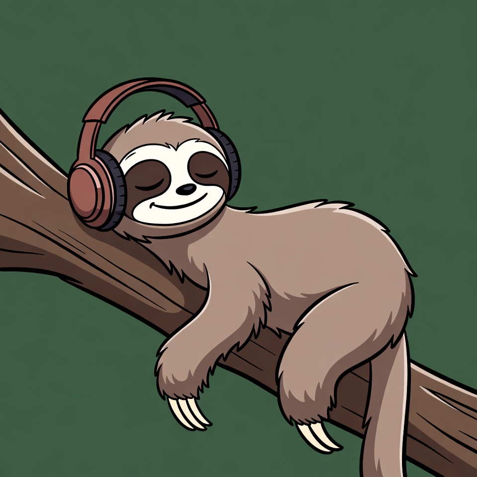 Sloth wearing headphones on branch Sloth wearing headphones on branch