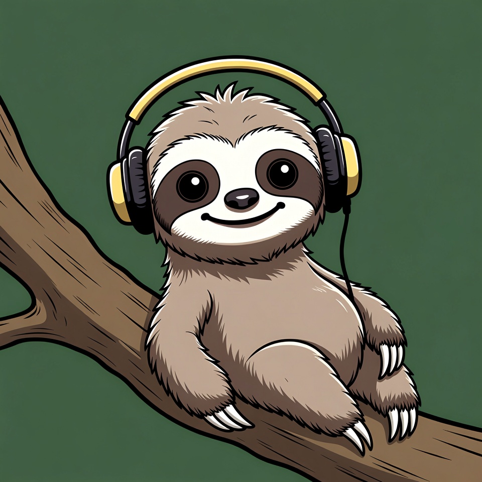 Cute sloth wearing headphones on branch Cute sloth wearing headphones on branch
