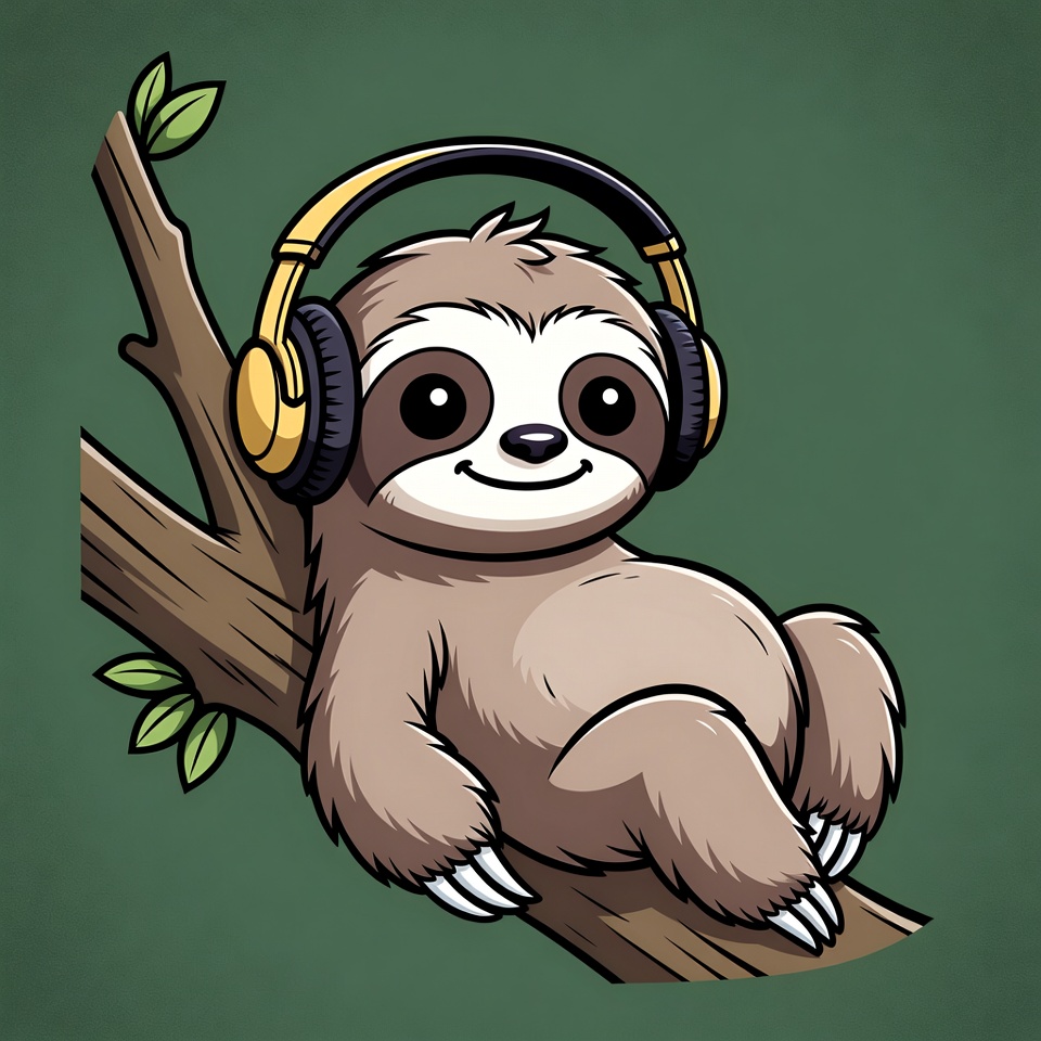 Cute sloth wearing headphones on branch Cute sloth wearing headphones on branch