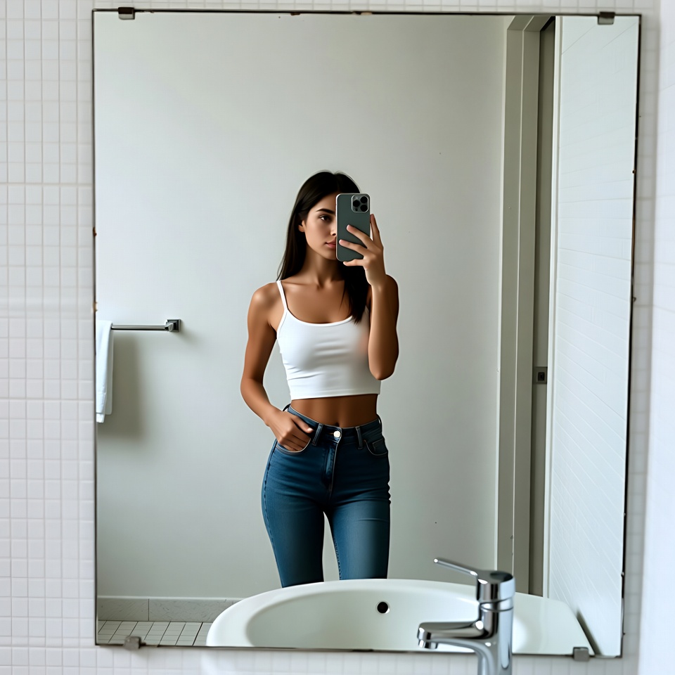 Woman taking mirror selfie in bathroom Woman taking mirror selfie in bathroom