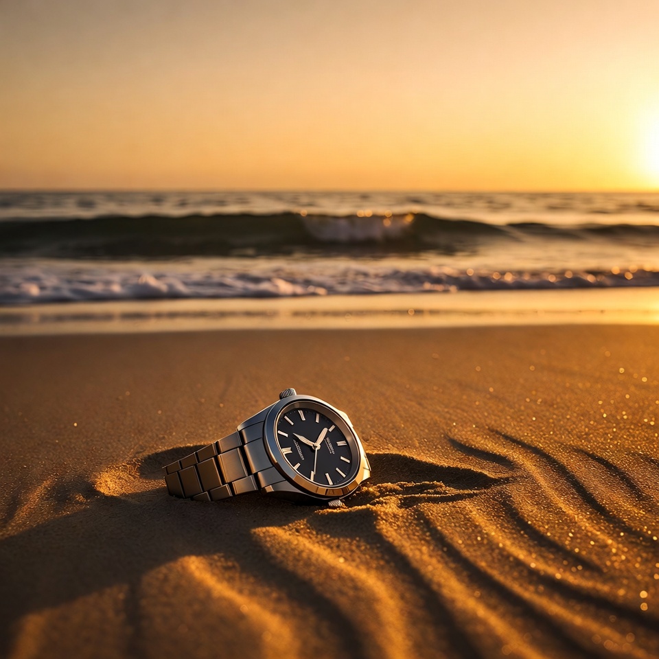 Silver watch in beach sand at sunset Silver watch in beach sand at sunset