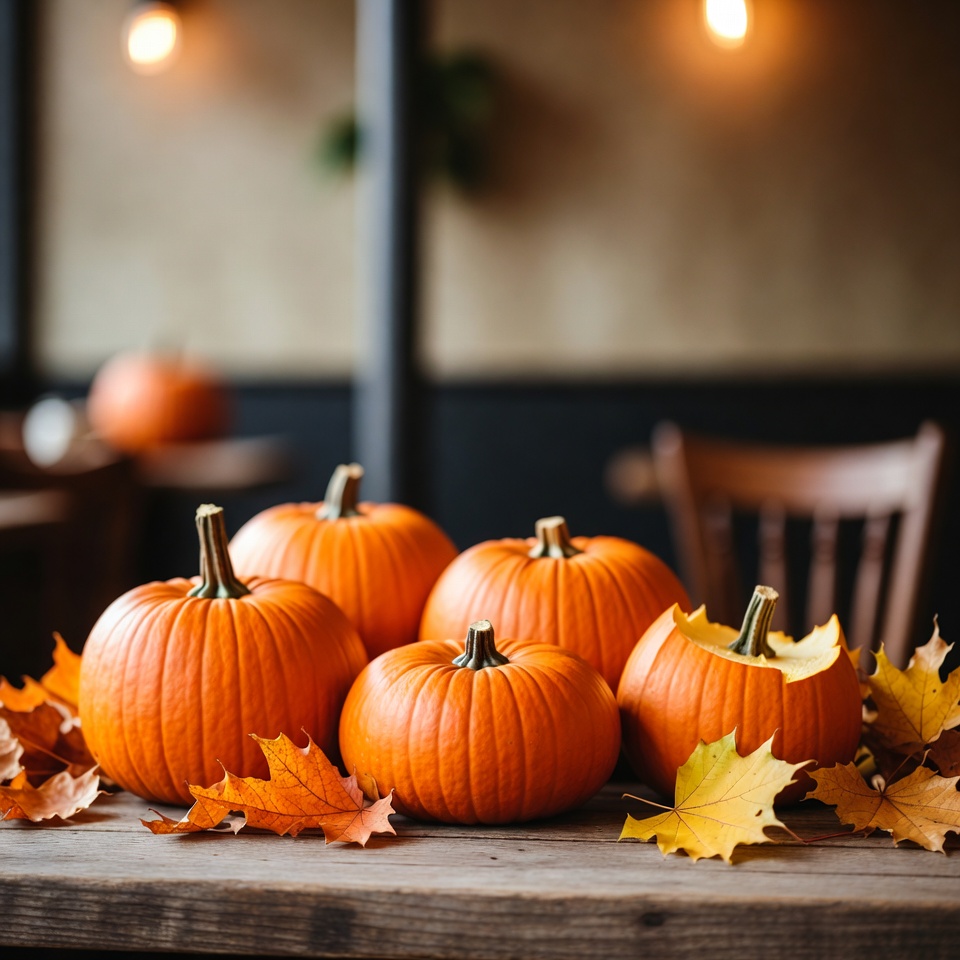 Pumpkins and Autumn Leaves on Table Pumpkins and Autumn Leaves on Table
