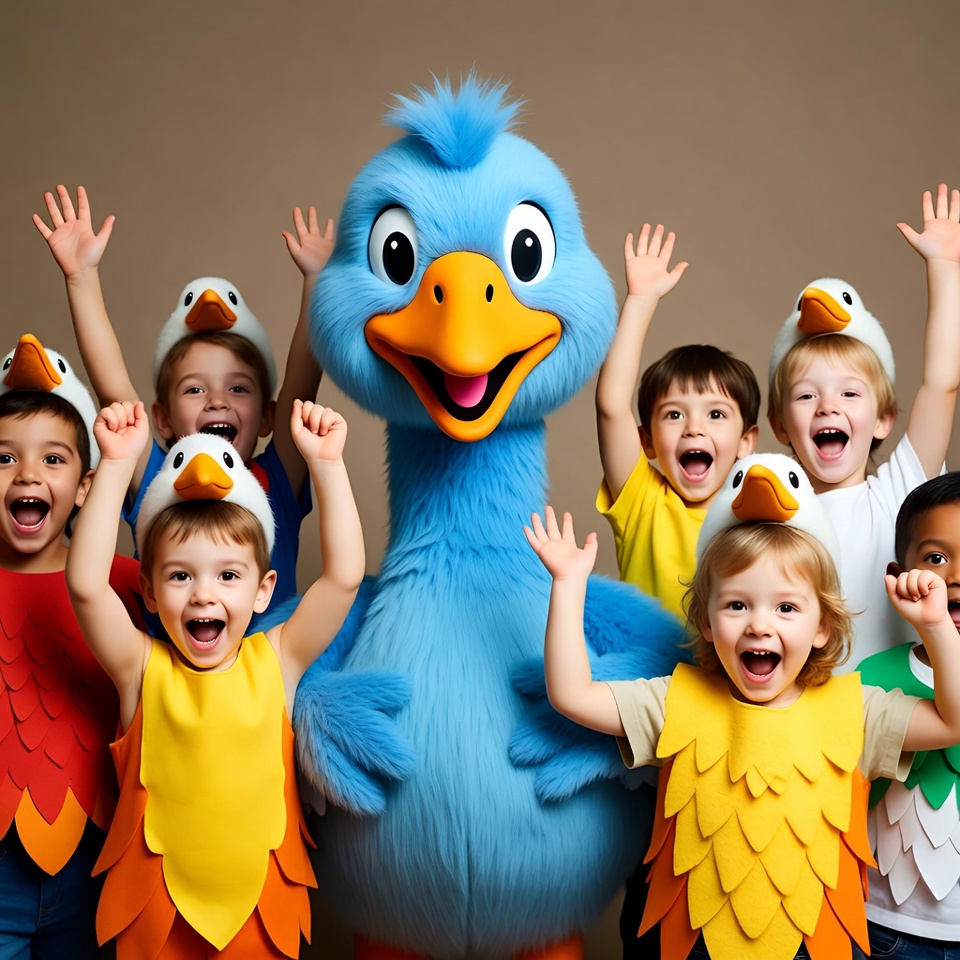 Blue Duck Mascot with Happy Children Blue Duck Mascot with Happy Children