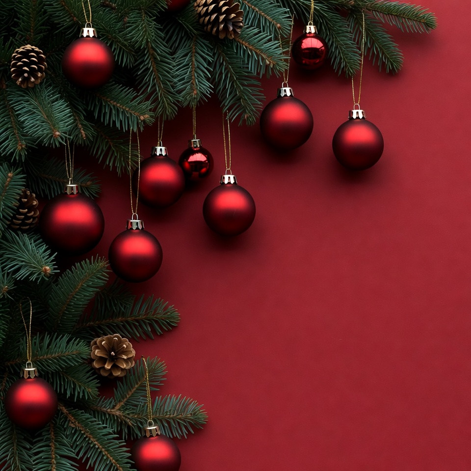 Red Christmas Baubles on Fir Branches Red Christmas Baubles on Fir Branches