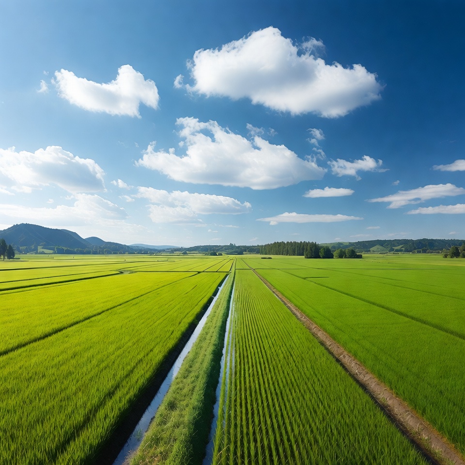 Green Rice Fields with Irrigation Channel Green Rice Fields with Irrigation Channel