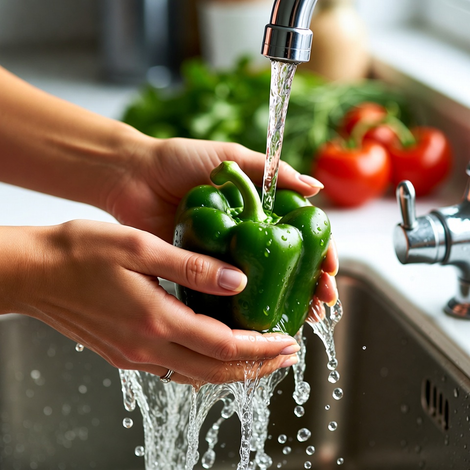 Woman washing green bell pepper Woman washing green bell pepper