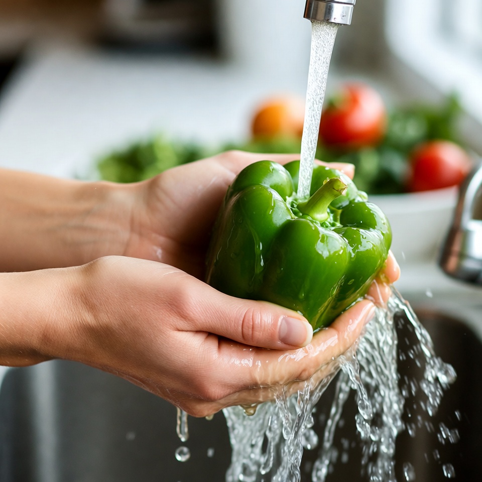 Woman washing green bell pepper Woman washing green bell pepper