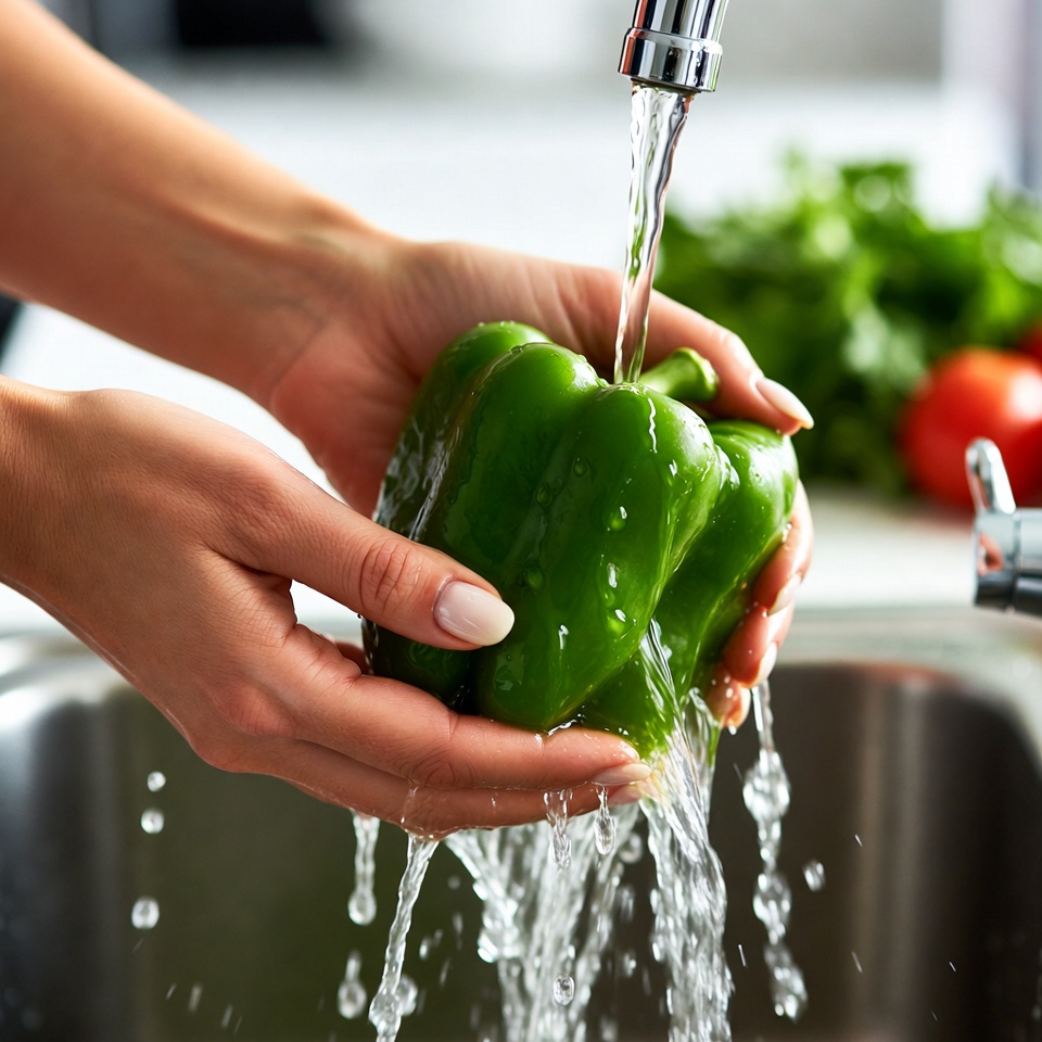 Woman washing green bell pepper Woman washing green bell pepper