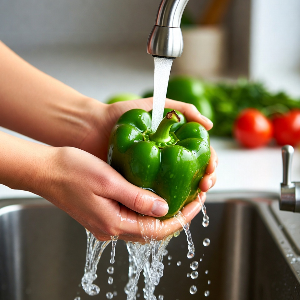 Woman Washing Green Bell Pepper Woman Washing Green Bell Pepper
