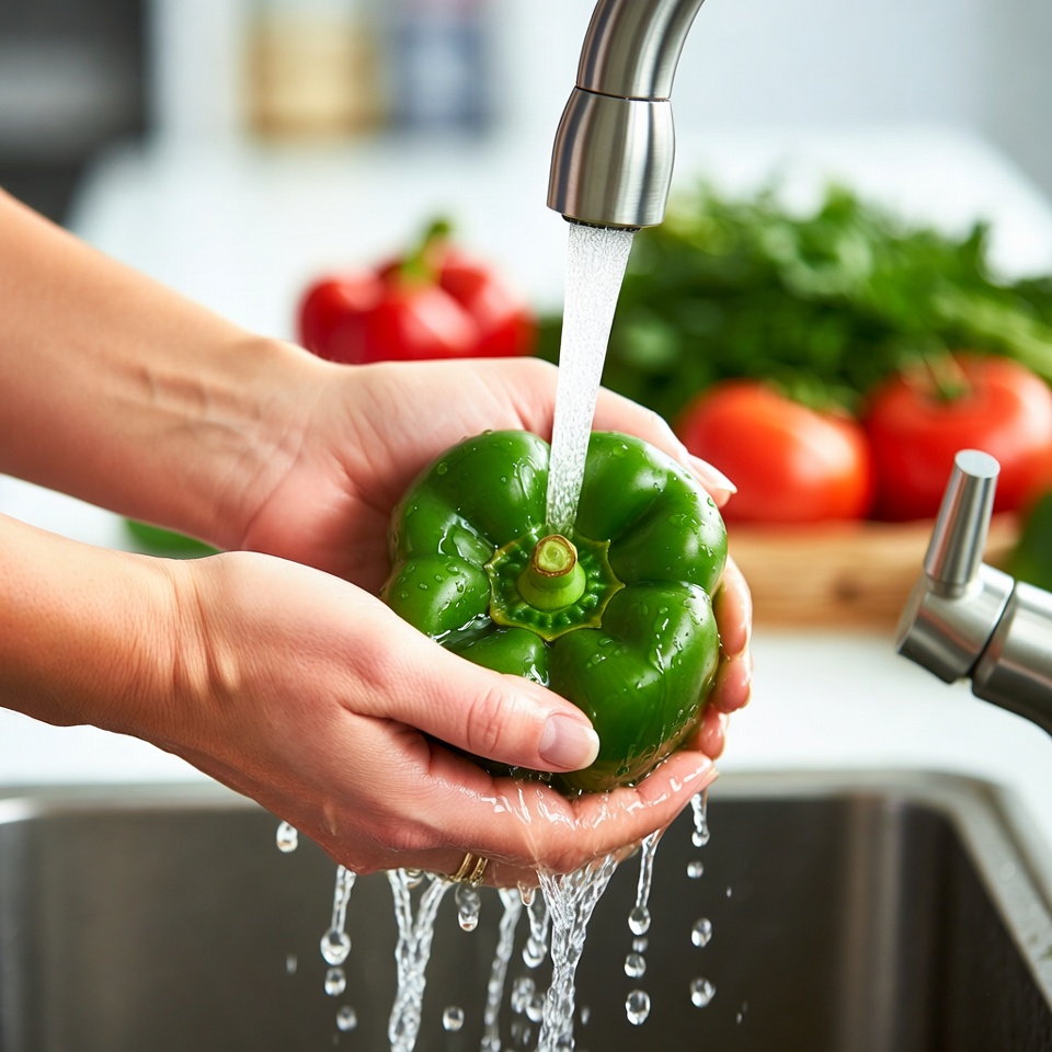 Woman Washing Green Pepper Sink Woman Washing Green Pepper Sink