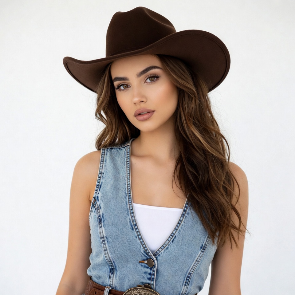Woman wearing cowboy hat and vest Woman wearing cowboy hat and vest