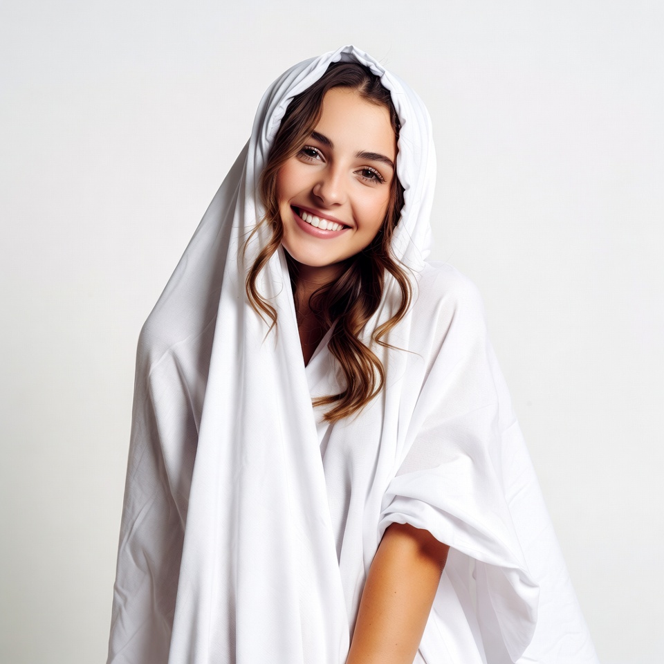 Smiling woman in white hood Smiling woman in white hood