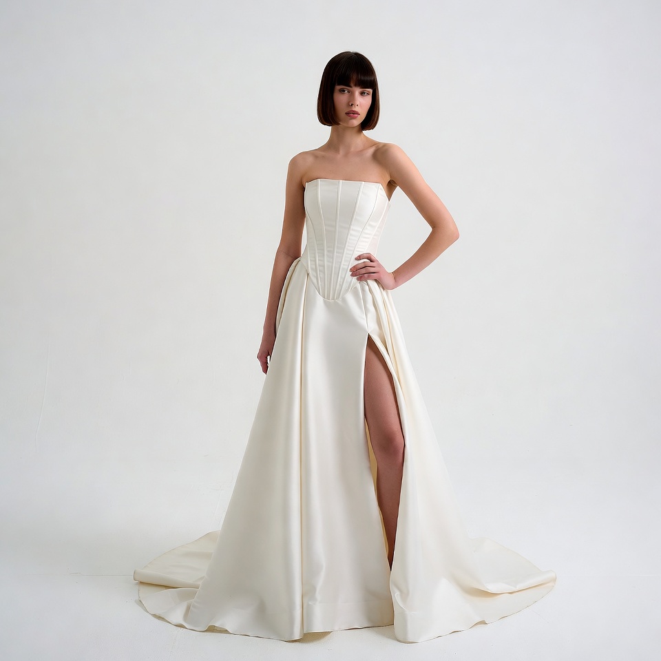 Woman in white satin gown with slit Woman in white satin gown with slit