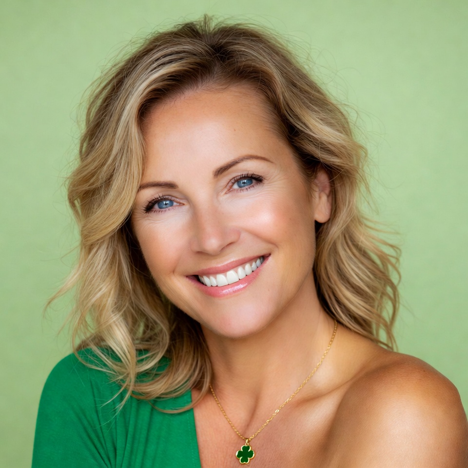 Blonde woman smiling with shamrock necklace Blonde woman smiling with shamrock necklace