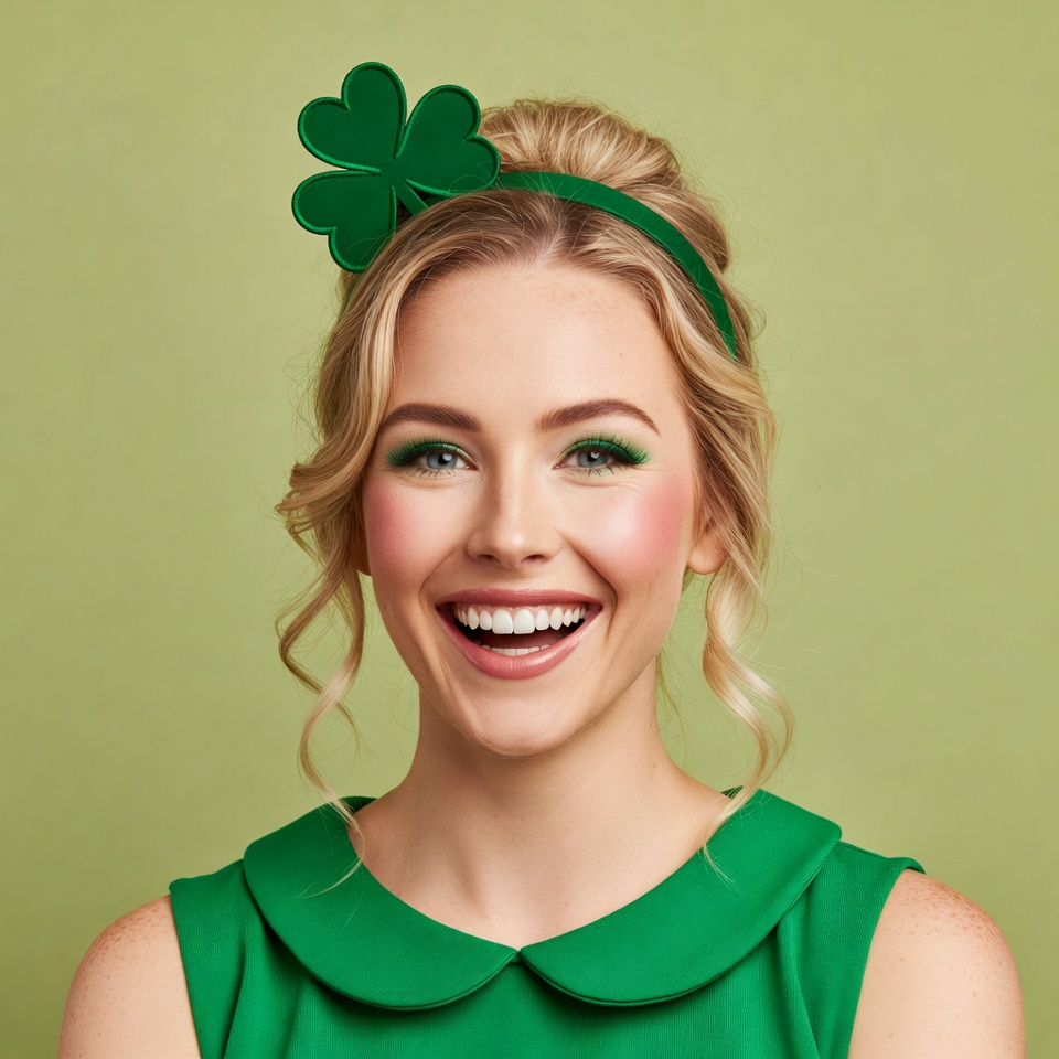 Blonde woman smiling with shamrock headband Blonde woman smiling with shamrock headband