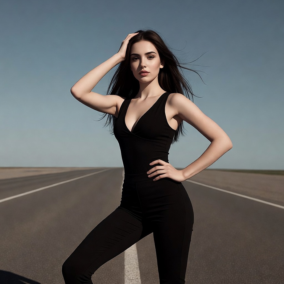 Woman in black bodysuit on road Woman in black bodysuit on road