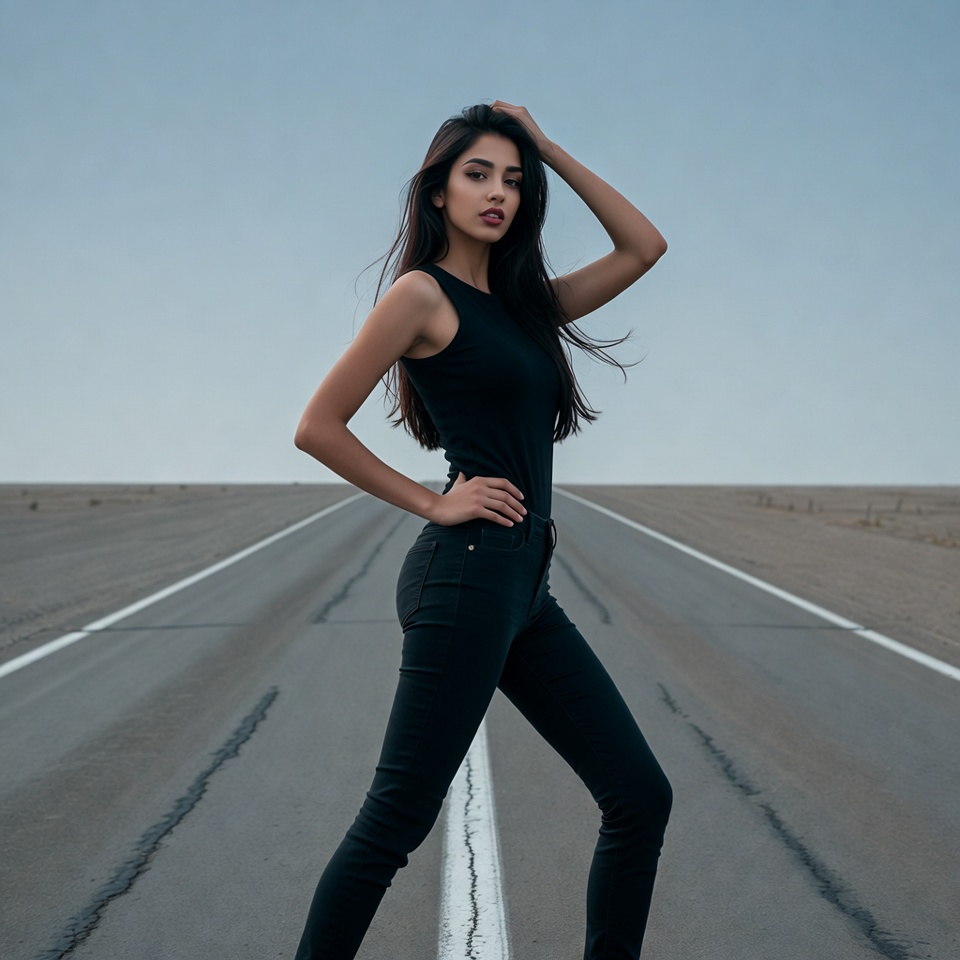 Indian woman posing on desert road Indian woman posing on desert road