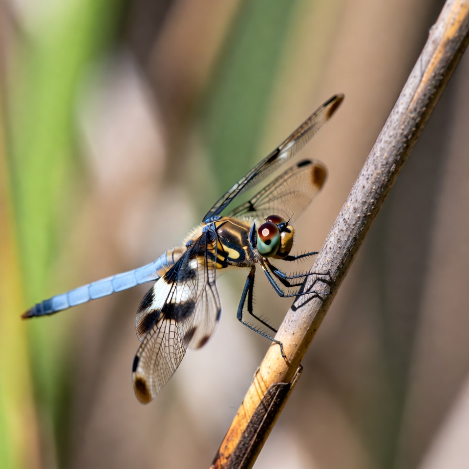 Dragonfly perched on reed stem Dragonfly perched on reed stem