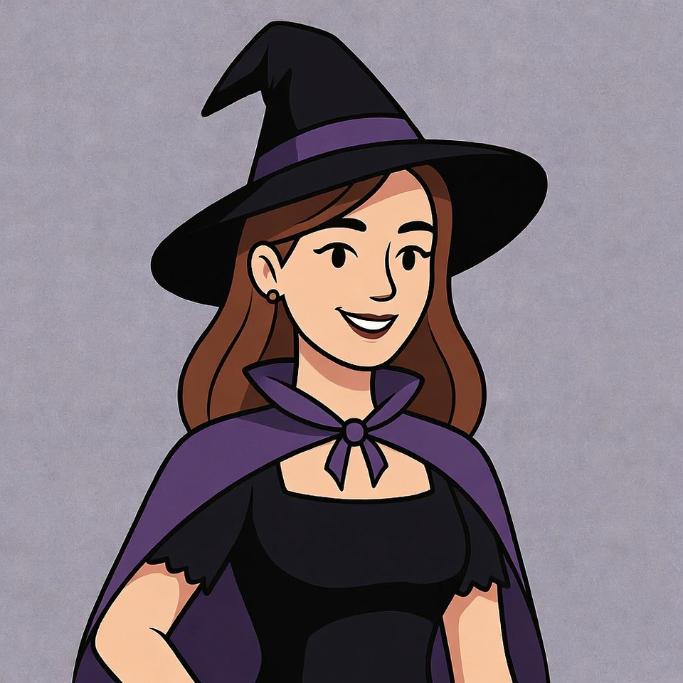 Smiling Witch Woman in Hat and Cape Smiling Witch Woman in Hat and Cape