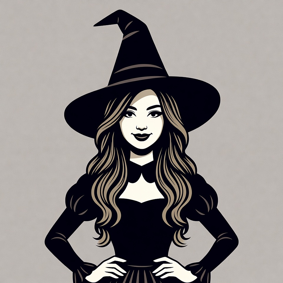 Witch woman in black hat dress Witch woman in black hat dress