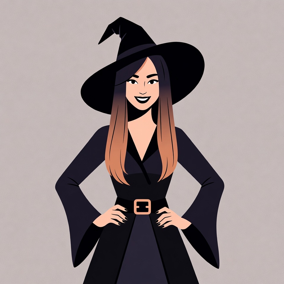 Asian witch in black dress and hat Asian witch in black dress and hat