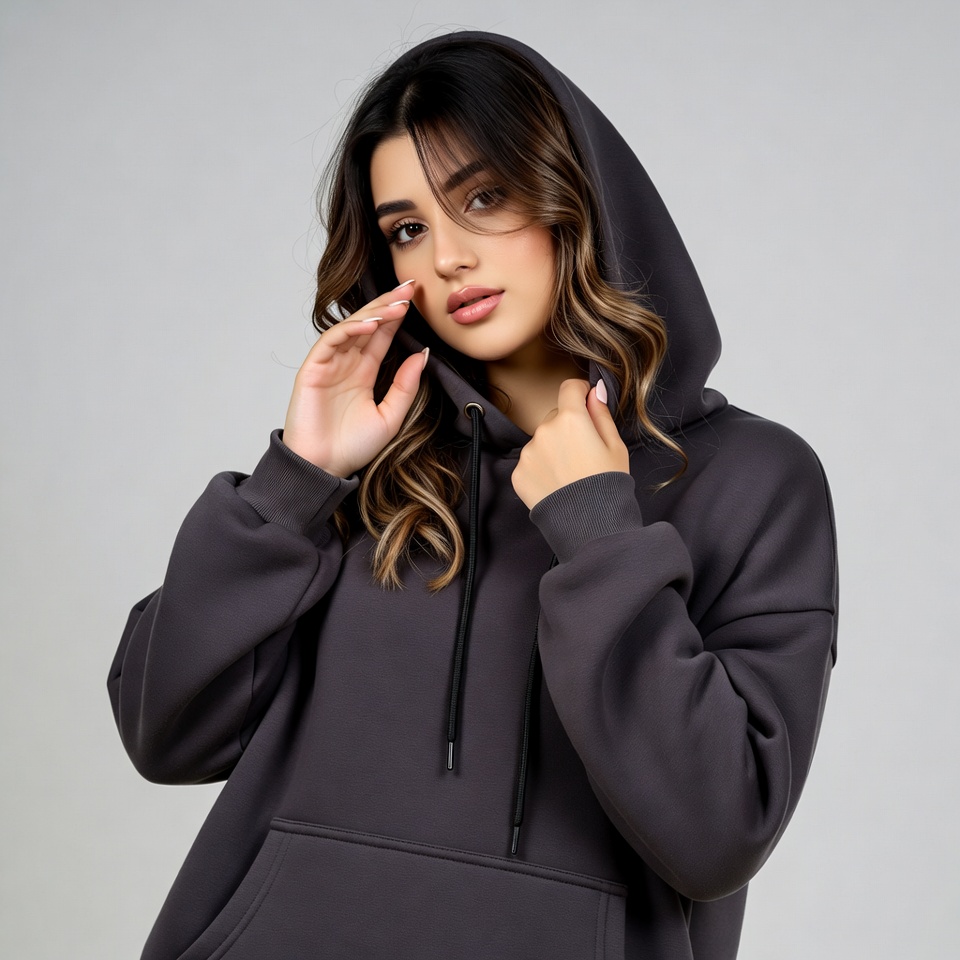 Woman in gray hoodie touching face Woman in gray hoodie touching face