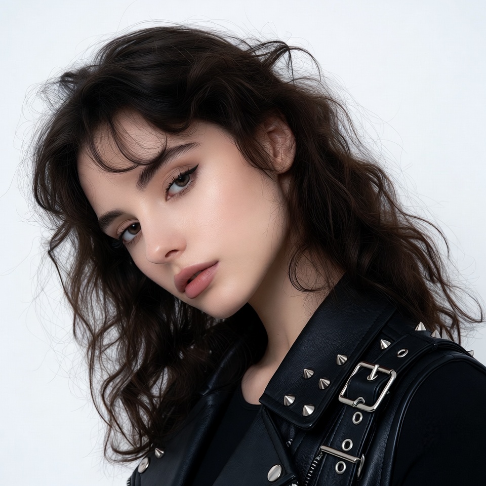 Woman in studded leather jacket Woman in studded leather jacket