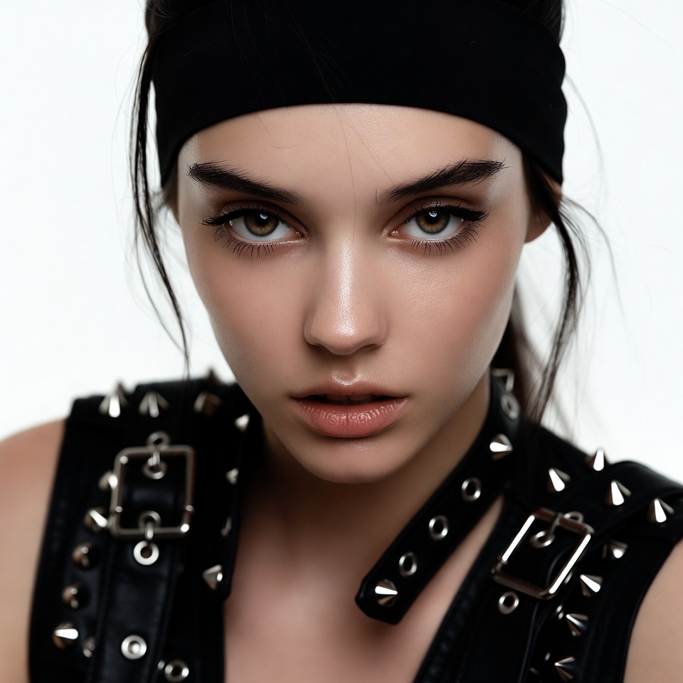 Woman in black leather studded vest Woman in black leather studded vest