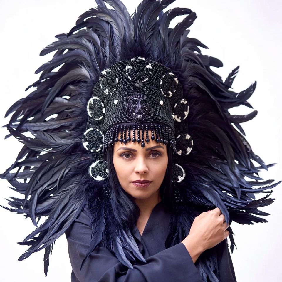 Woman wearing black feather headdress Woman wearing black feather headdress