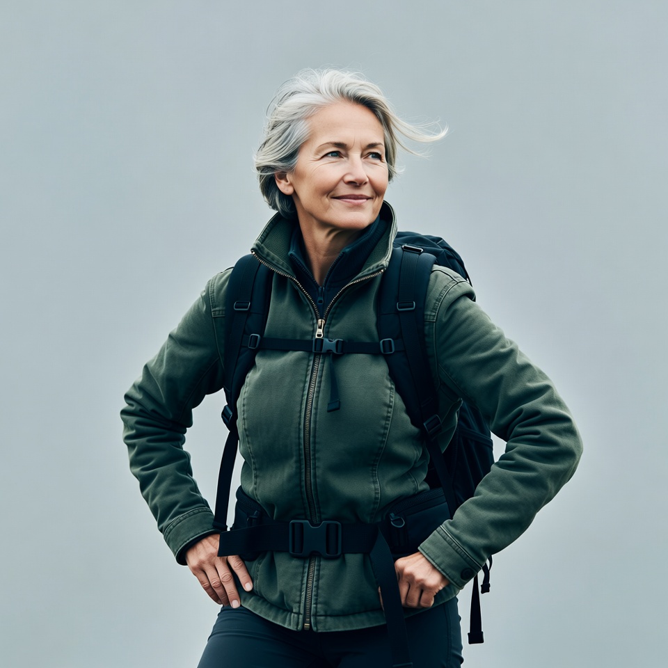 Silver-haired woman with backpack outdoors Silver-haired woman with backpack outdoors