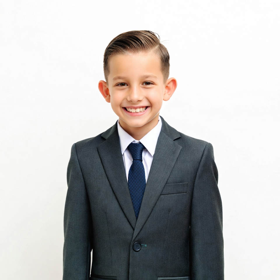 Boy in gray suit smiling Boy in gray suit smiling