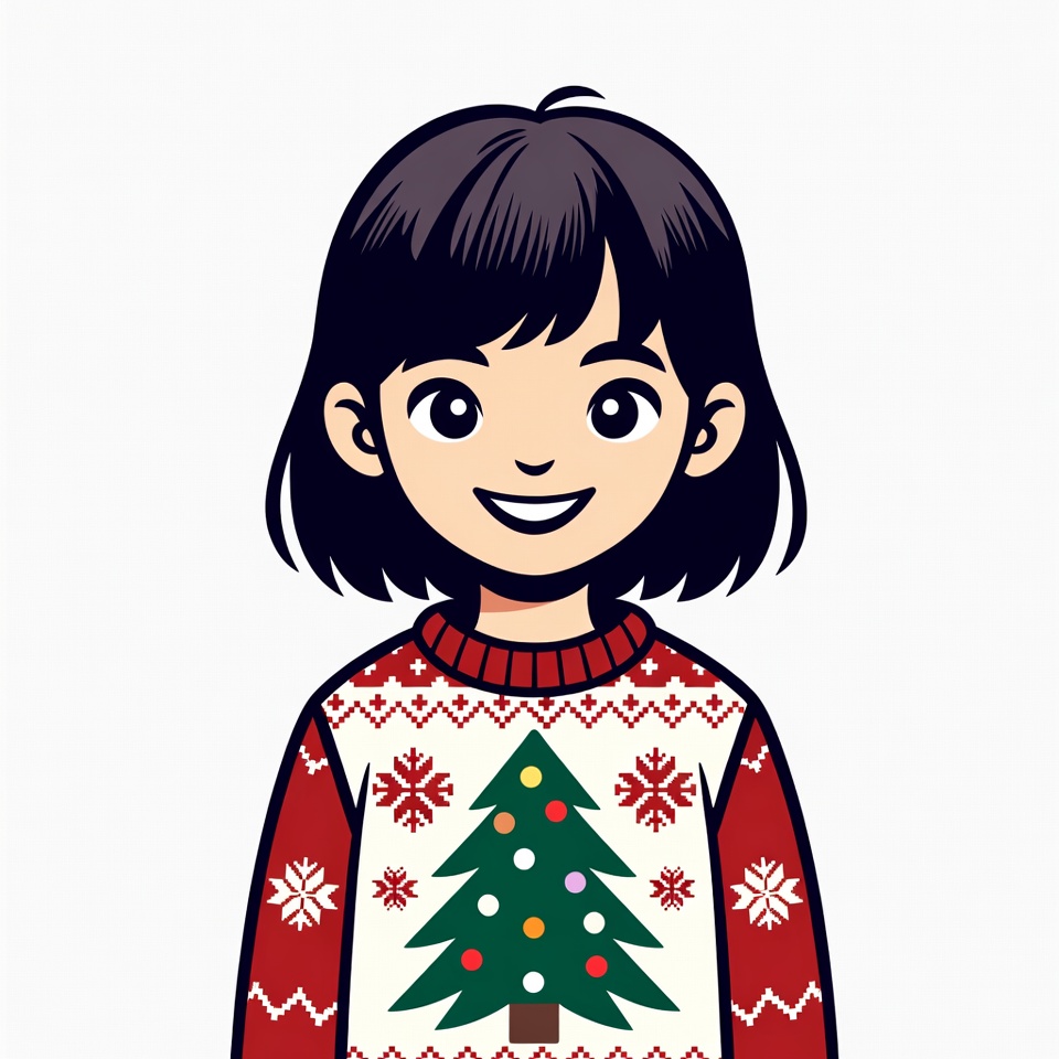 Asian girl in Christmas tree sweater Asian girl in Christmas tree sweater