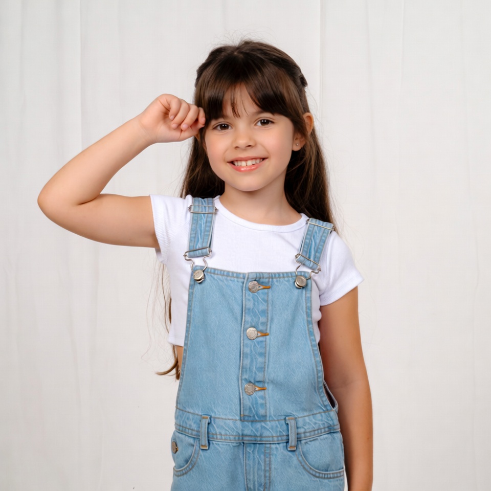 Girl saluting in denim overalls Girl saluting in denim overalls