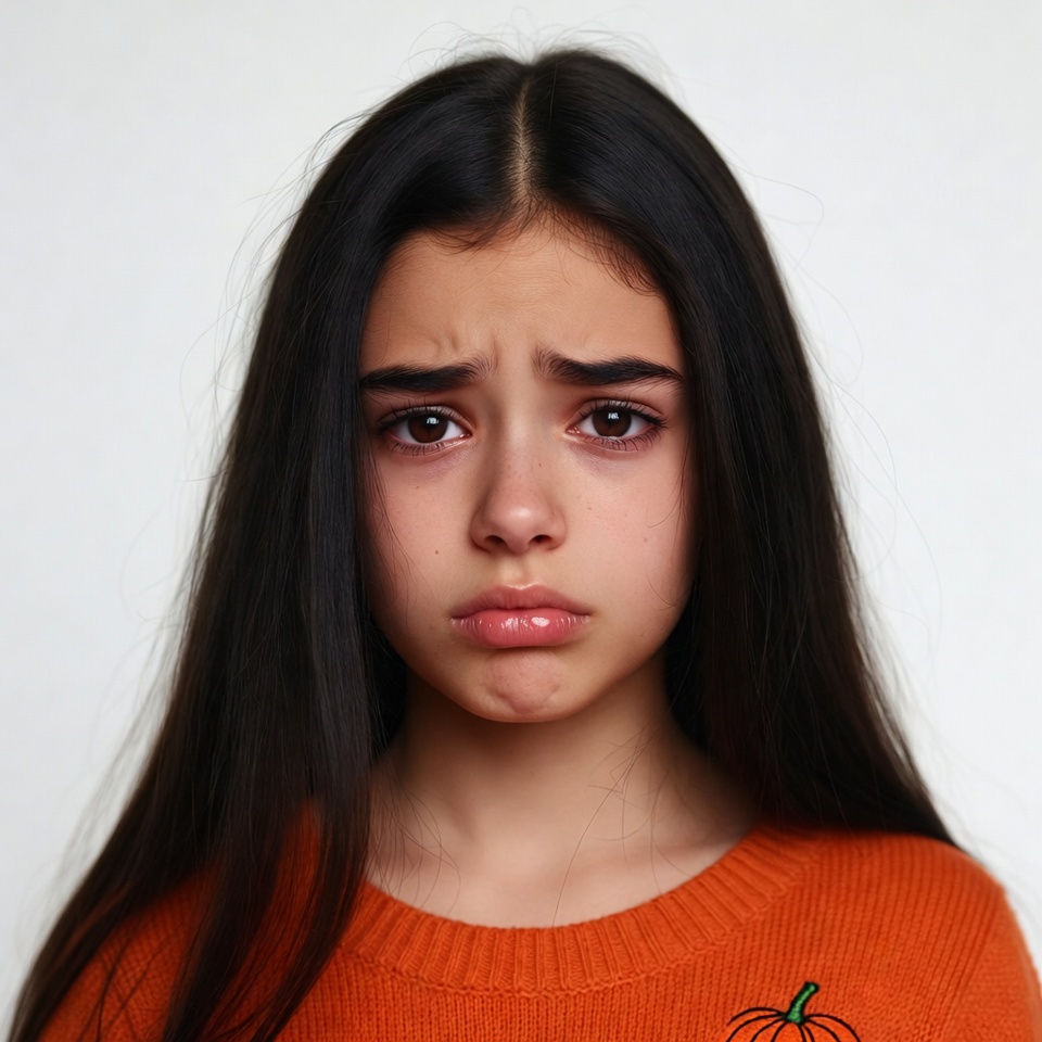 Girl with sad expression in orange sweater Girl with sad expression in orange sweater