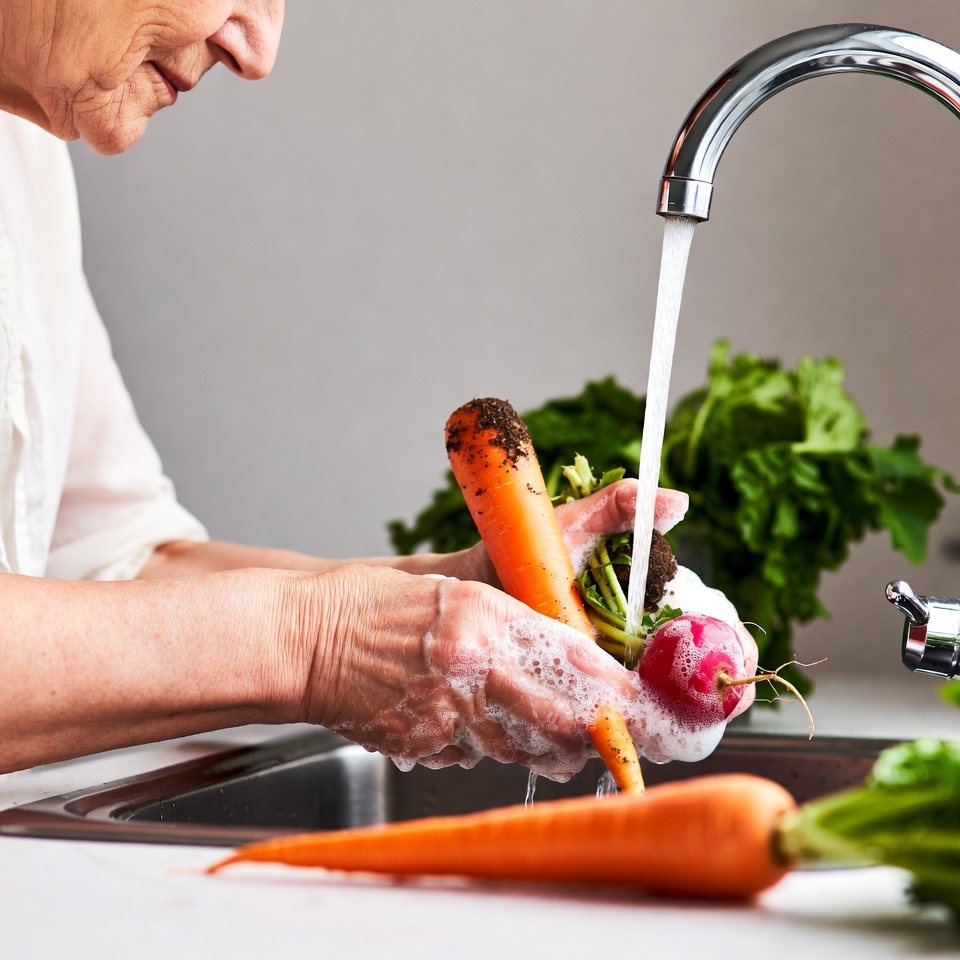 Elderly woman washing carrots Elderly woman washing carrots