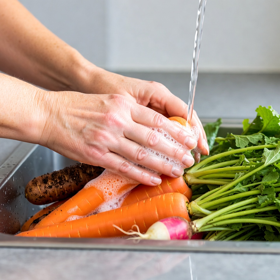 Woman washing carrots in sink Woman washing carrots in sink