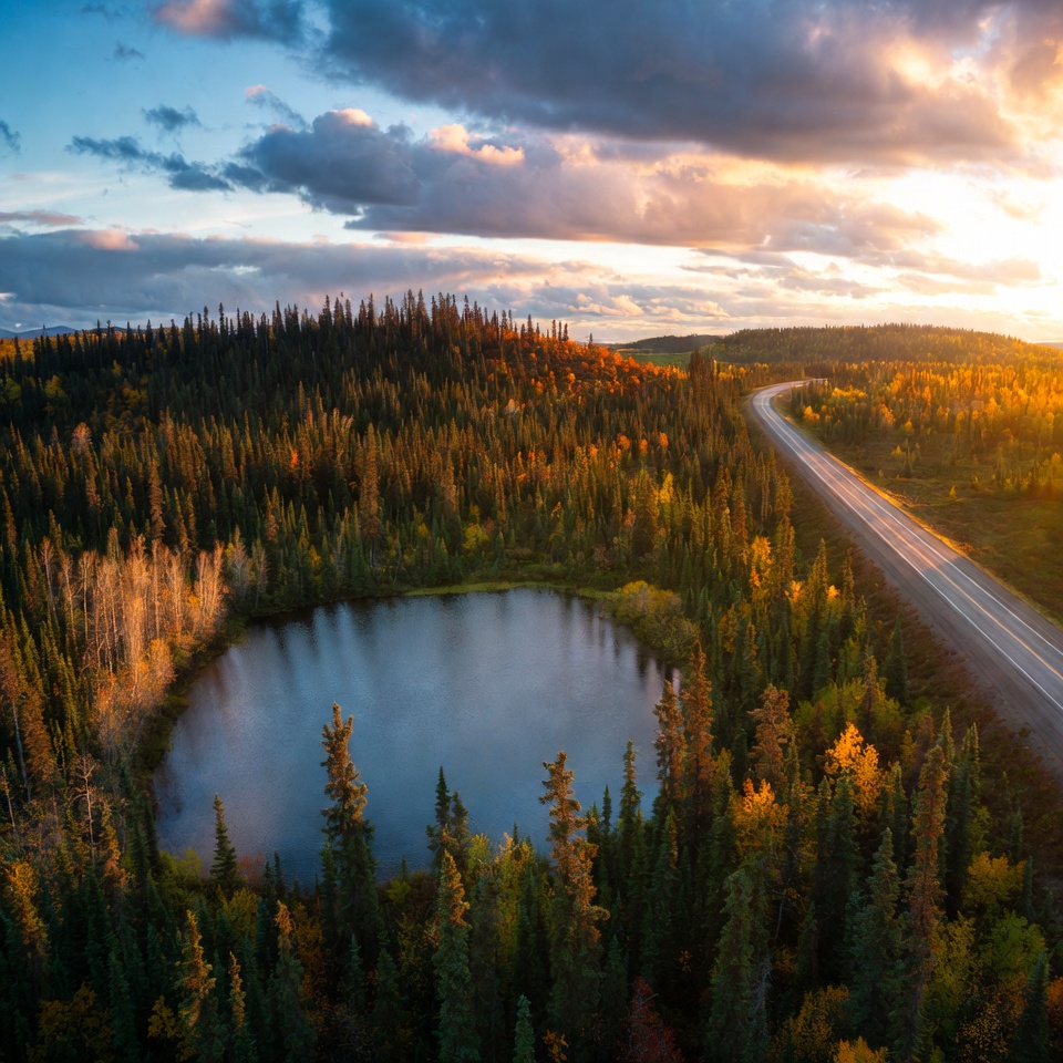 Autumn Forest Road by Lake Sunset Autumn Forest Road by Lake Sunset