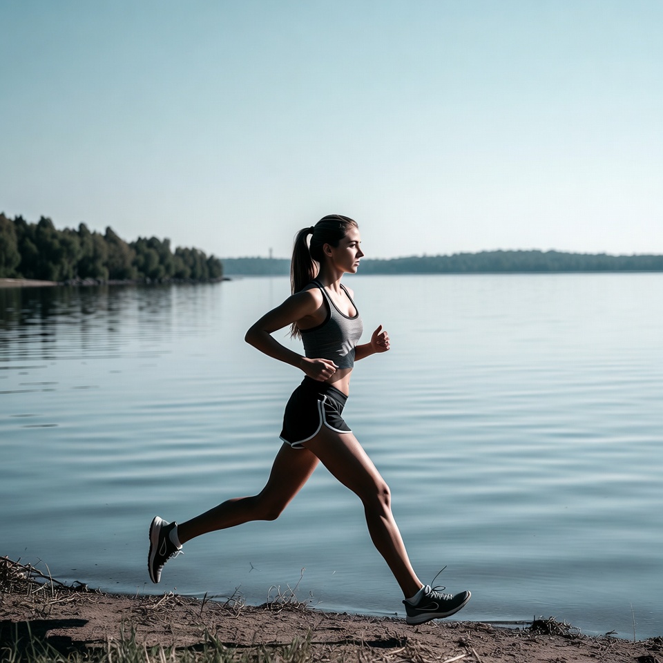 Woman running by lake Woman running by lake