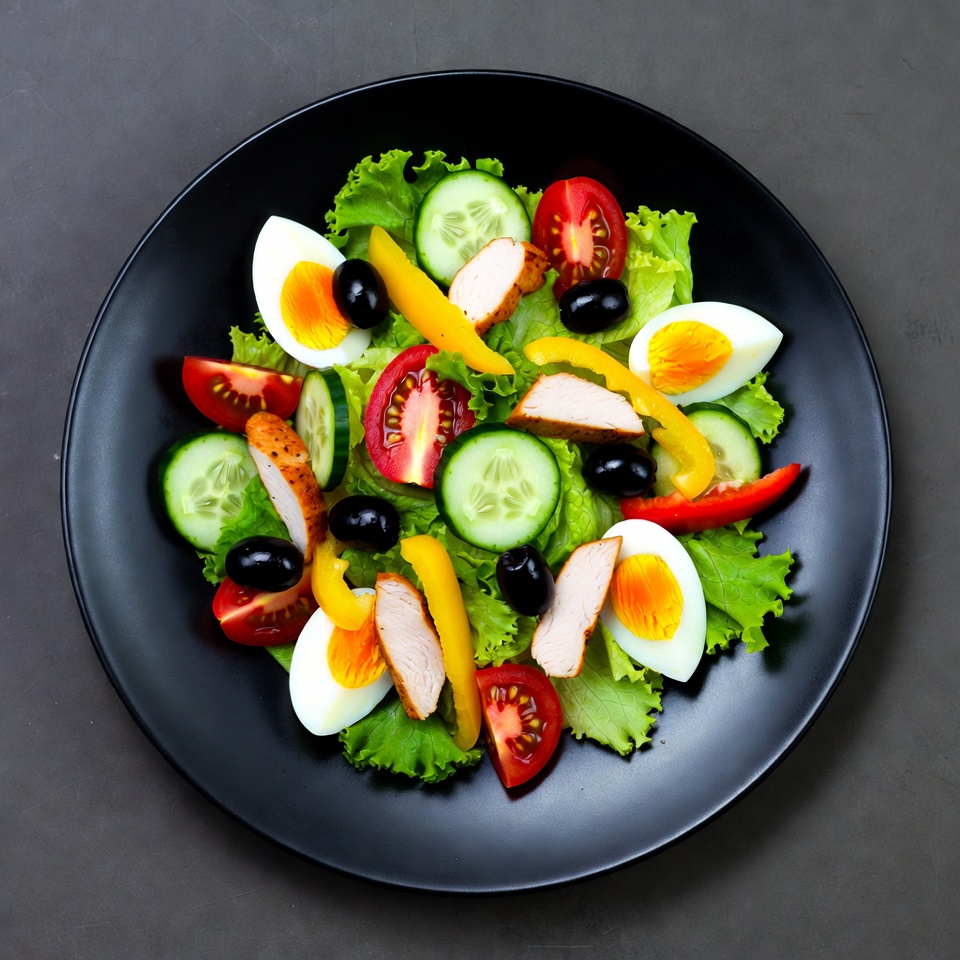 Colorful Chicken Salad in Black Bowl Colorful Chicken Salad in Black Bowl