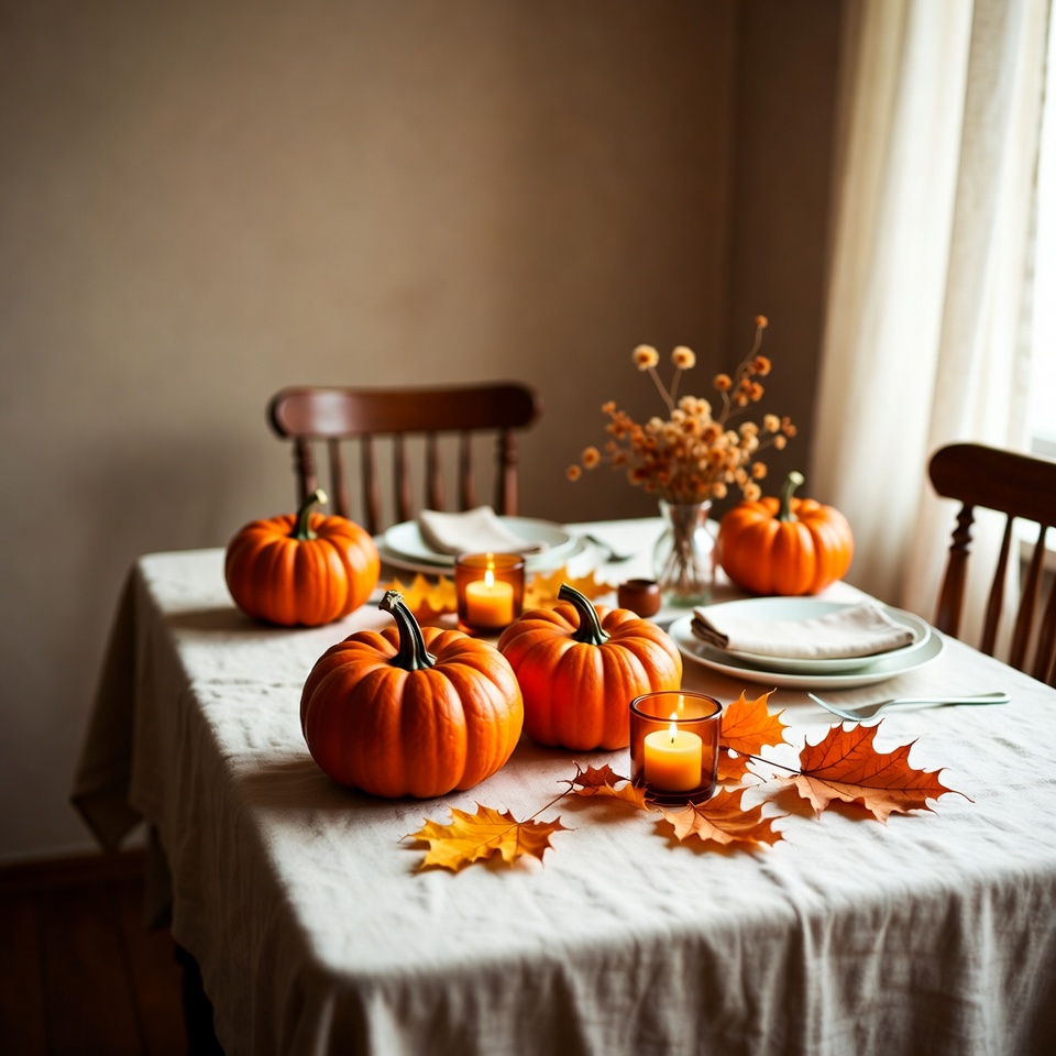 Pumpkins and Candles on Dining Table Pumpkins and Candles on Dining Table