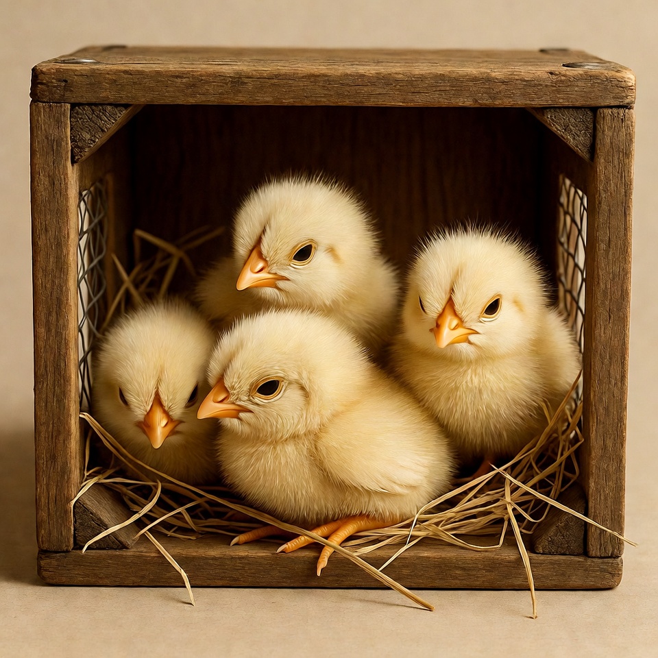 Four fluffy chicks in wooden crate Four fluffy chicks in wooden crate