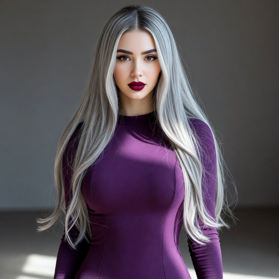 Woman in purple dress with silver hair Woman in purple dress with silver hair