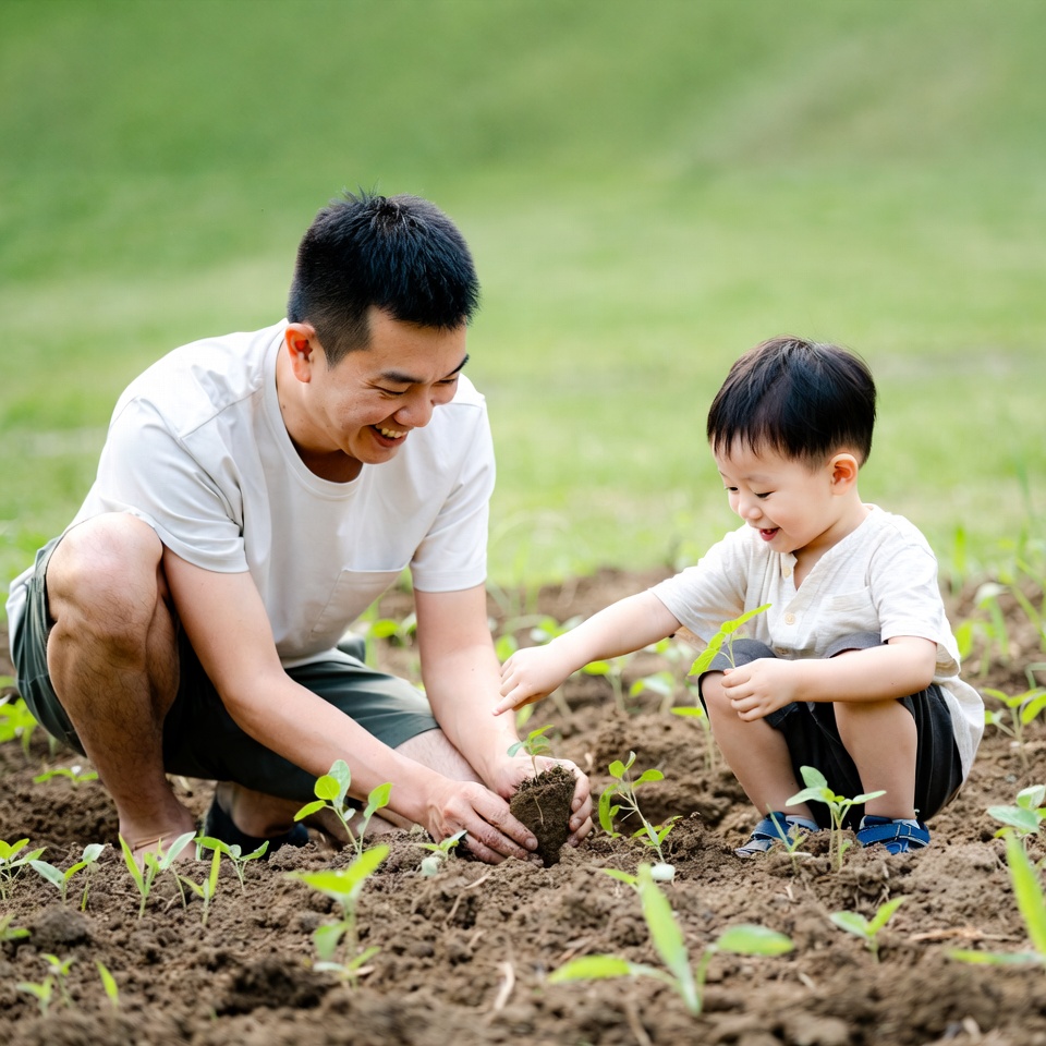 Asian father and son planting seedlings Asian father and son planting seedlings