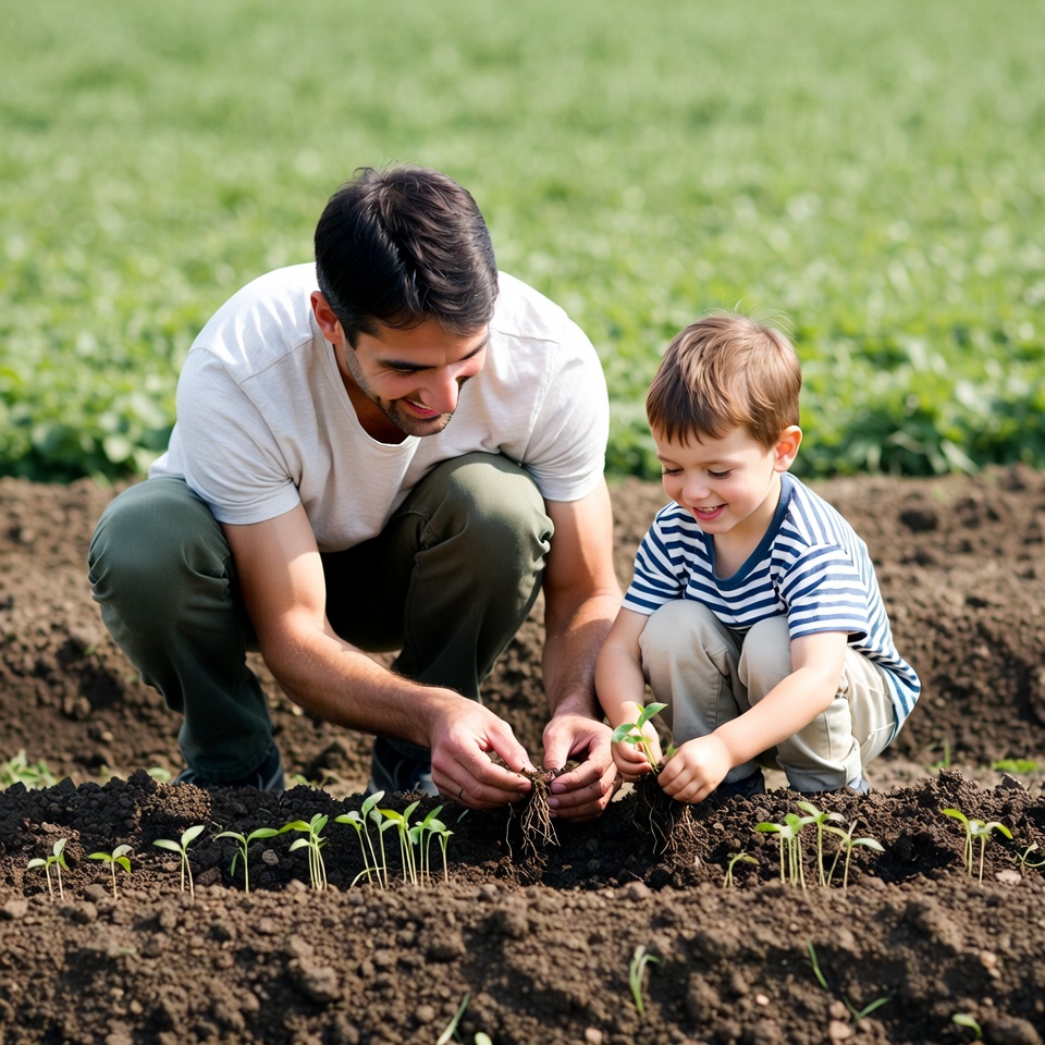 Father and son planting seedlings Father and son planting seedlings