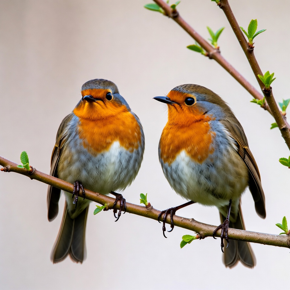 Two Robins Perched on Spring Branch Two Robins Perched on Spring Branch
